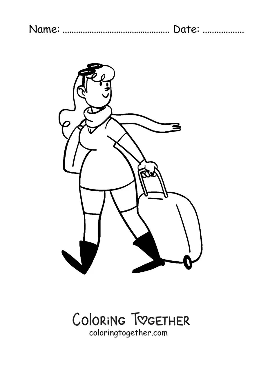 Coloring page of a cartoon of a woman traveling with a suitcase and a scarf