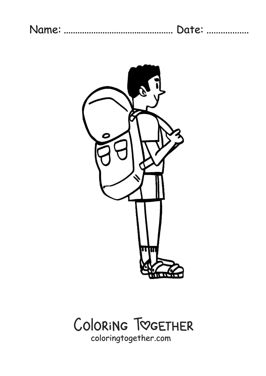 Coloring page of a cartoon of a backpacker