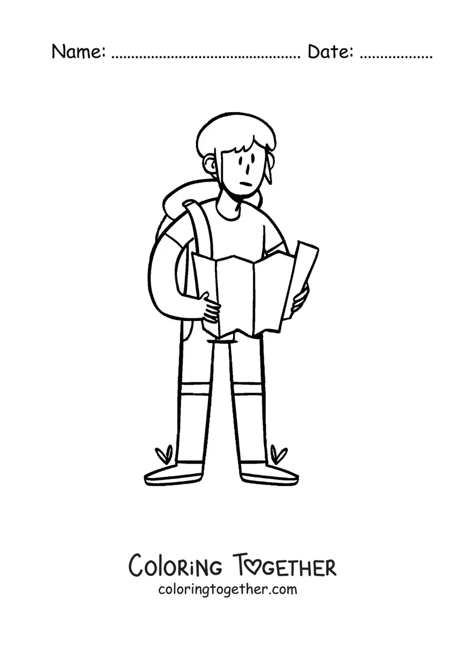 Coloring page of a cartoon of a backpacker reading a map