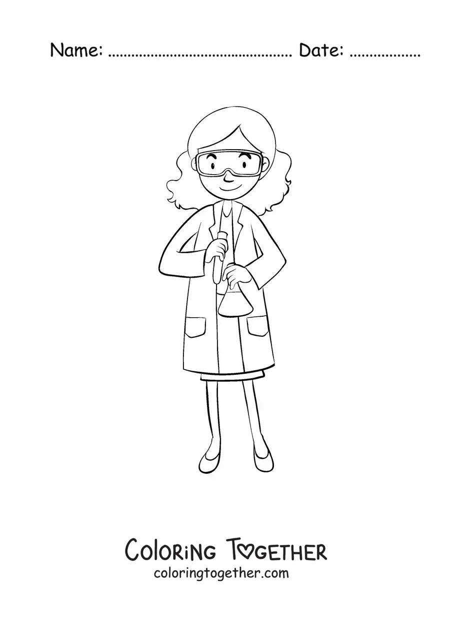 Coloring page of a woman scientist holding an experiment