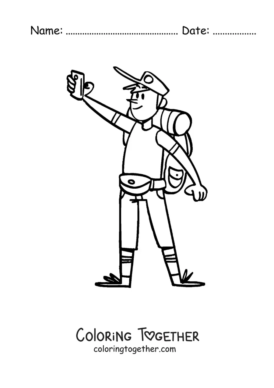 Coloring page of a cartoon of a backpacker taking a selfie