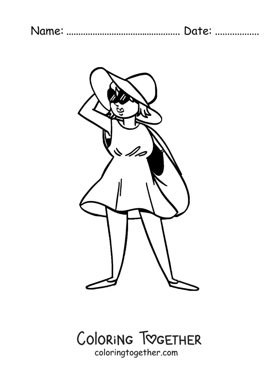 Coloring page of a cartoon of a tourist girl on the beach with sunglasses