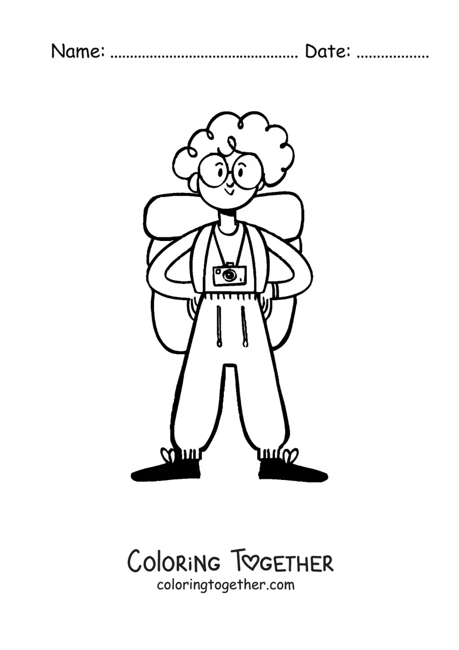 Coloring page of a cartoon of a backpacker girl