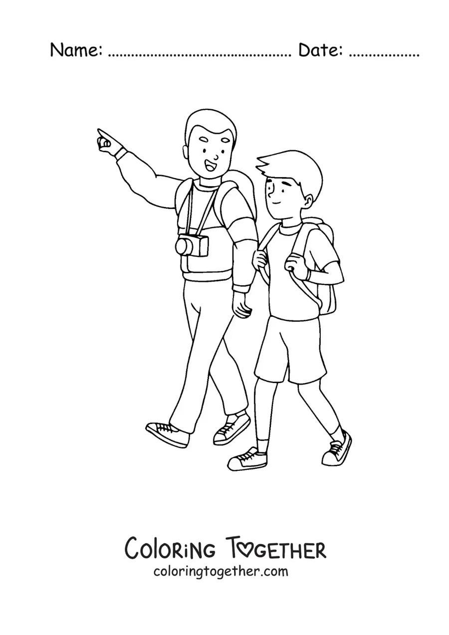Coloring page of a tourist dad walking with his son