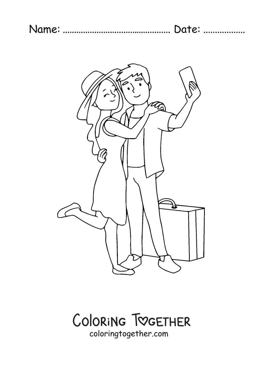 Coloring page of a couple of tourists taking a selfie