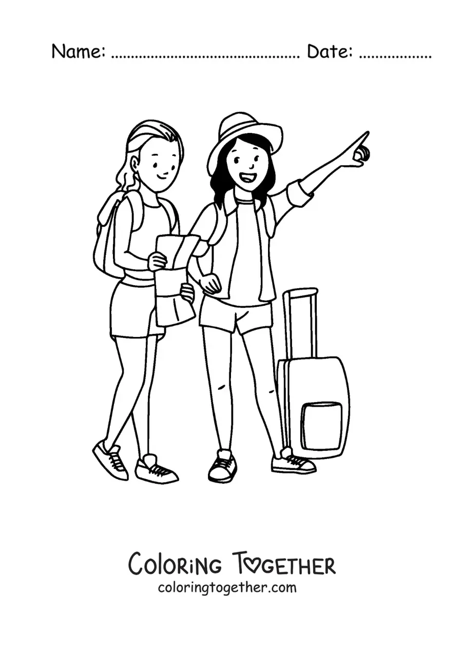 Coloring page of two tourist girls with luggage and a map