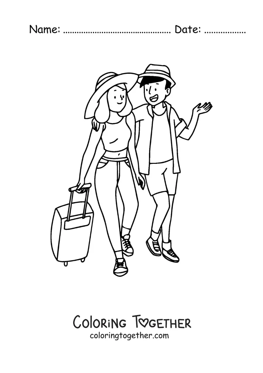 Coloring page of a couple of tourists walking with their luggage