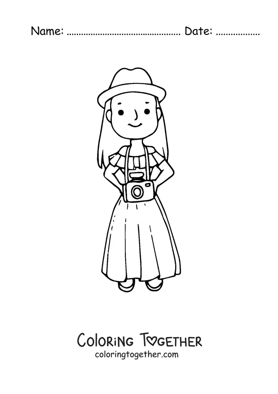 Coloring page of a tourist with her camera and a hat
