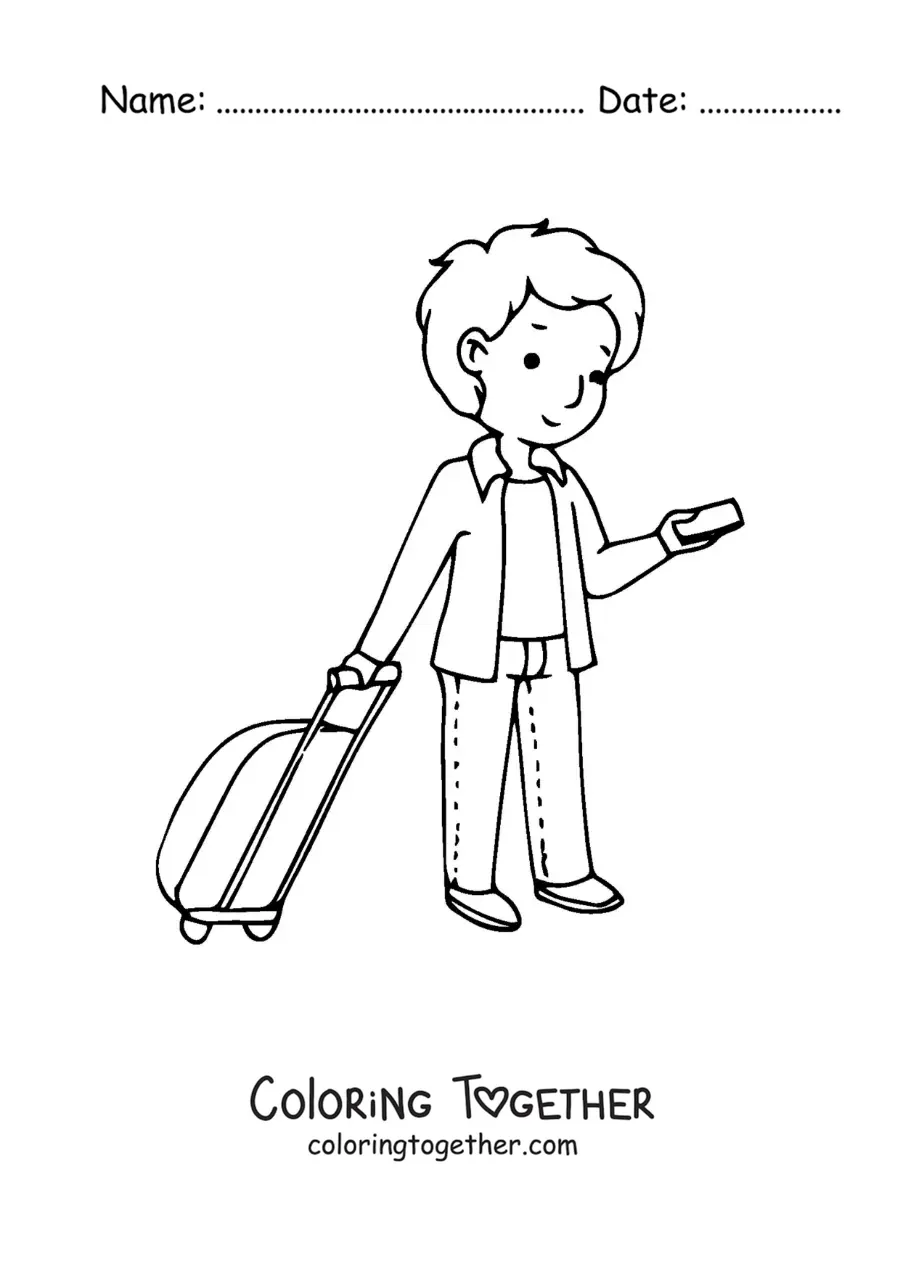 Coloring page of a boy with a suitcase looking at his phone