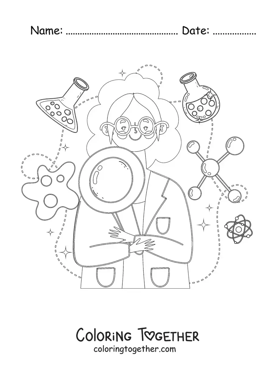 Coloring page of a woman scientist surrounded by science instruments