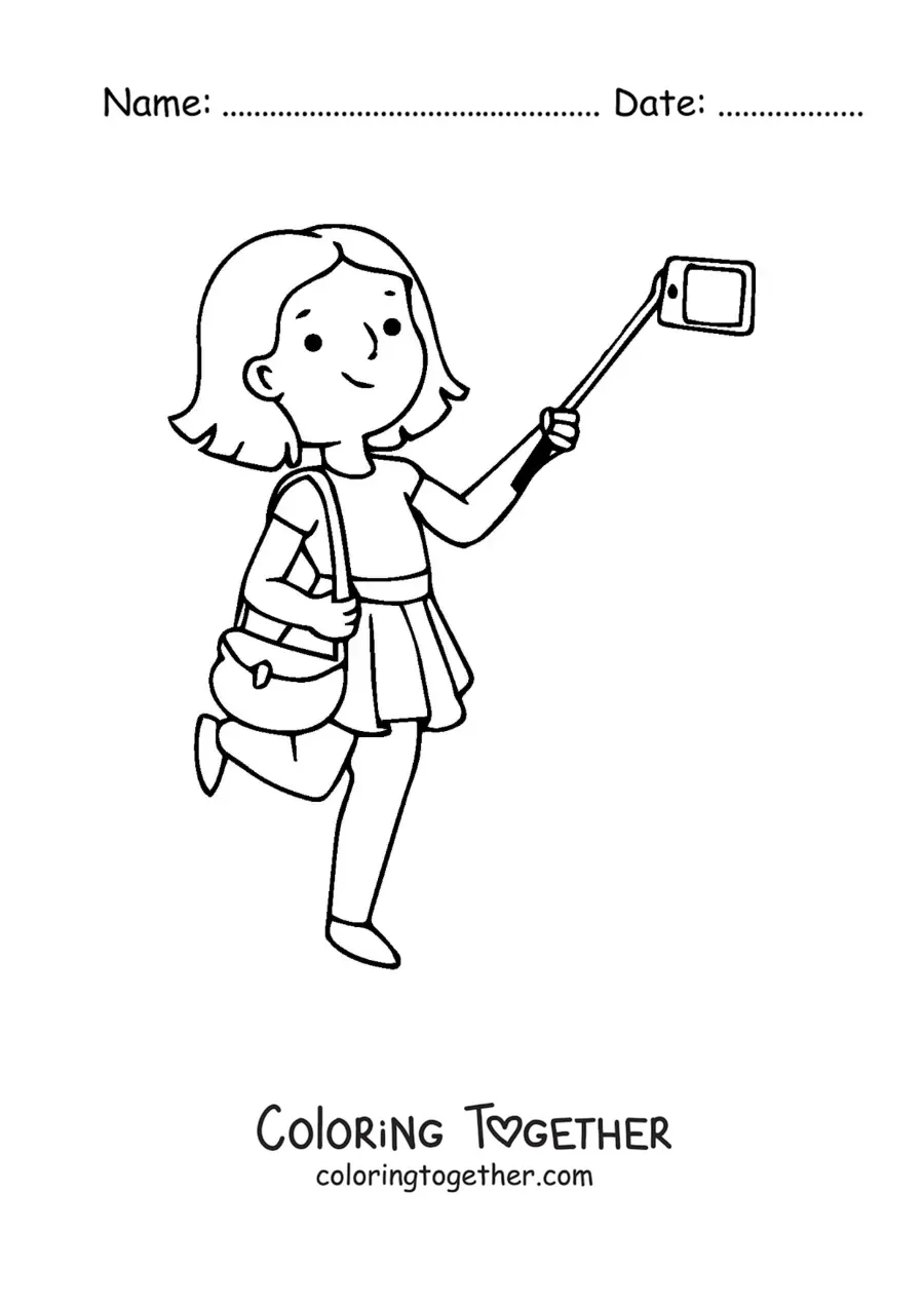 Coloring page of a tourist girl taking a selfie