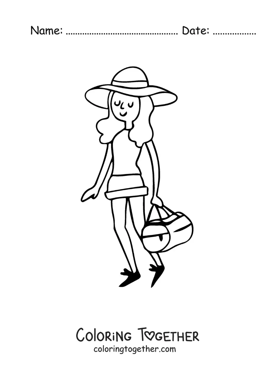 Coloring page of a tourist girl with her luggage