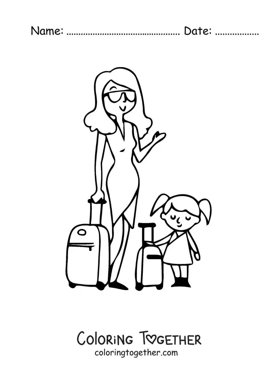 Coloring page of a traveling mother with her daughter
