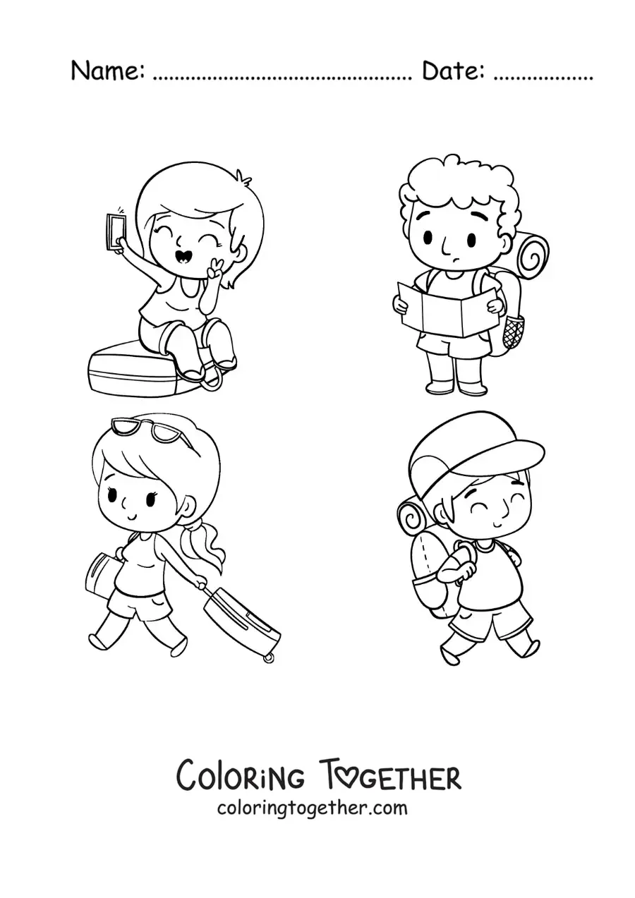Coloring page of kawaii tourists with their luggage