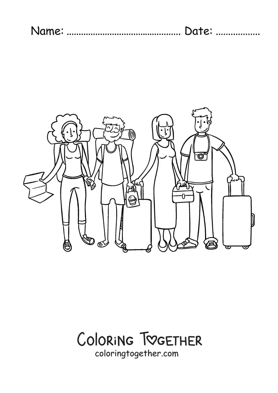 Coloring page of a group of friends on vacation with suitcases