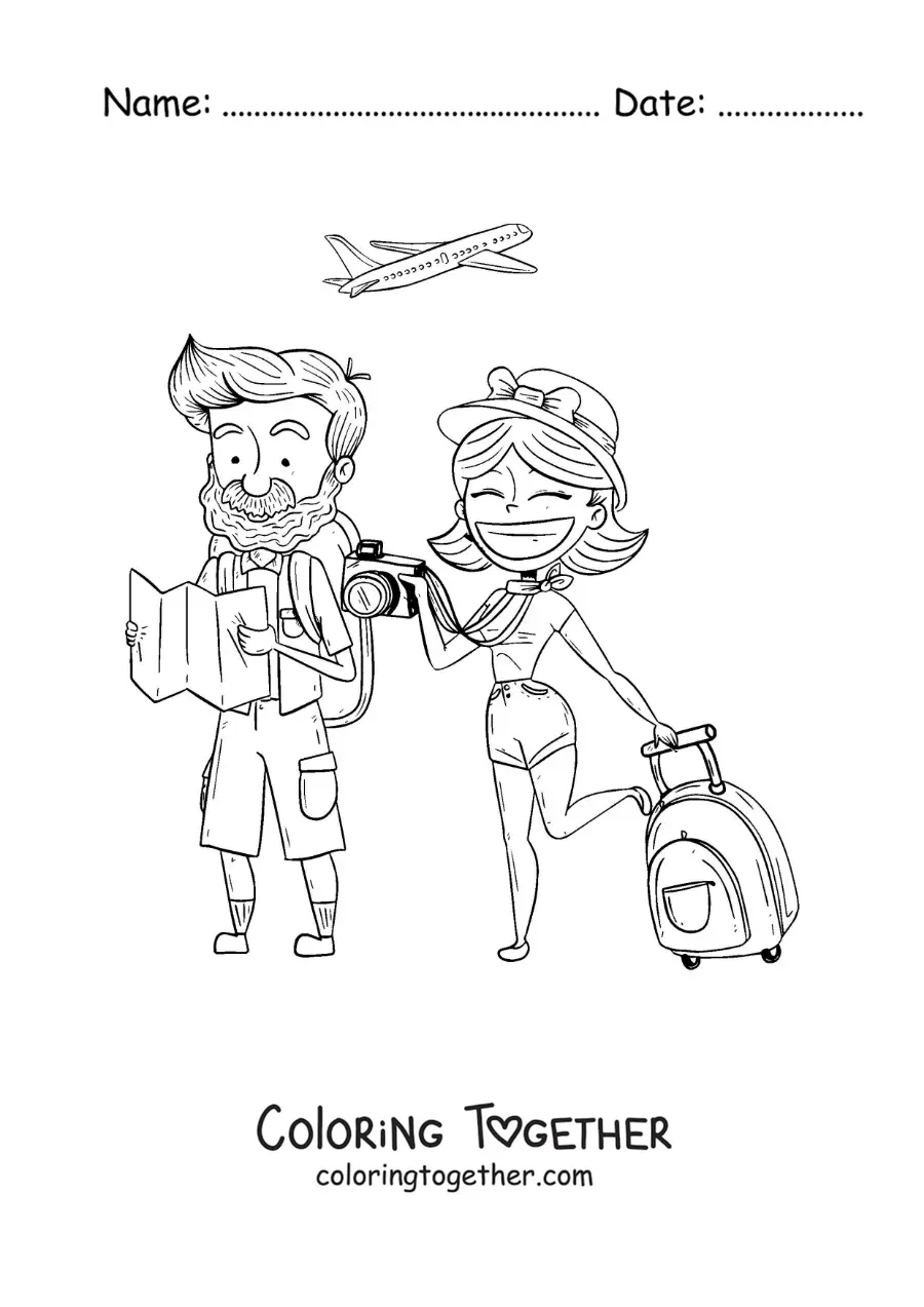 Coloring page of a cartoon of a couple of tourists