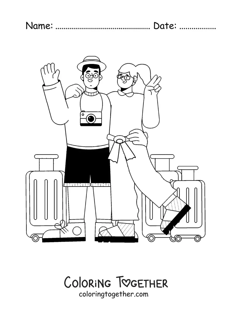 Coloring page of a couple of travelers with their luggage and camera