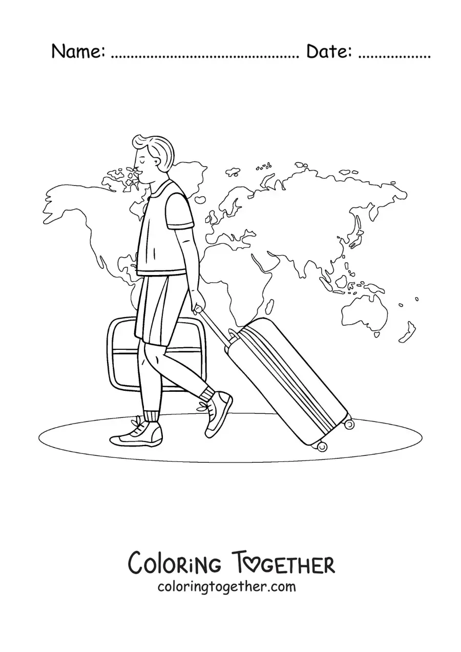 Coloring page of a man traveling the world with his suitcases