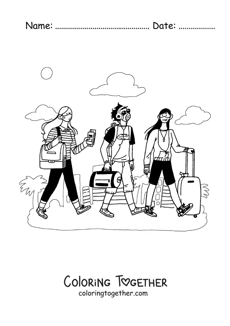 Coloring page of a group of young people with suitcases traveling during the pandemic