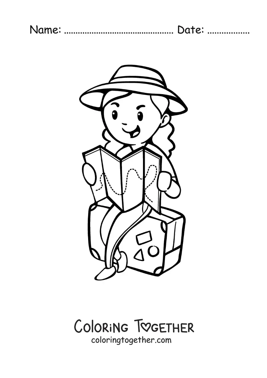 Coloring page of a tourist sitting on her suitcase reading a map