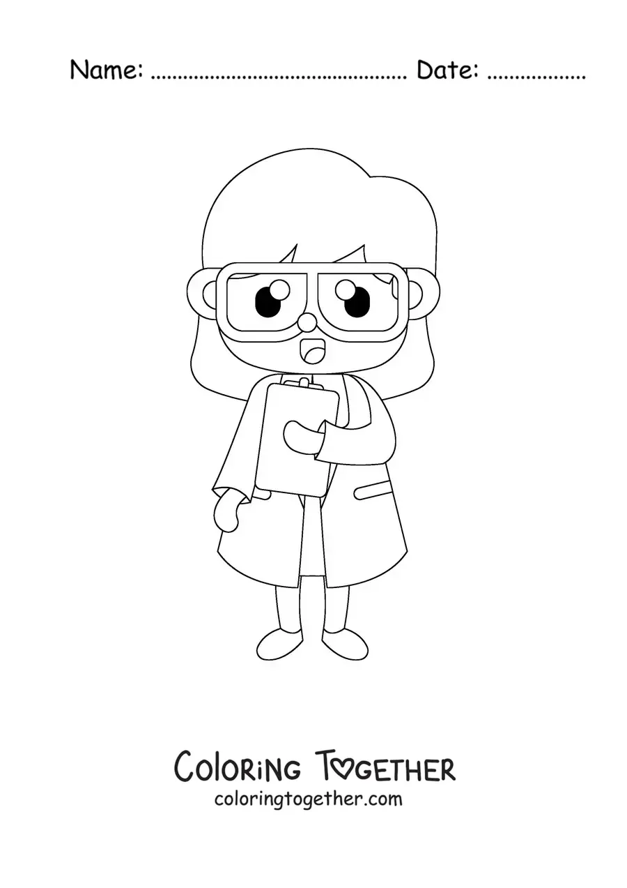 Coloring page of a kawaii woman scientist
