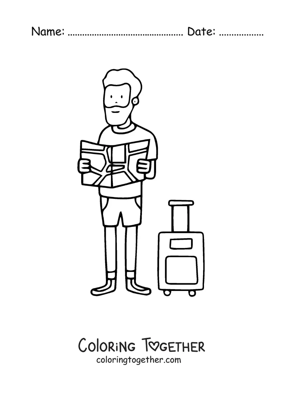 Coloring page of a tourist next to his suitcase reading a map