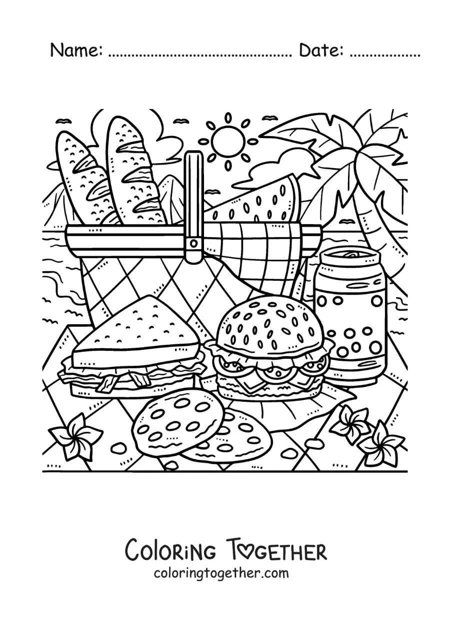 Coloring page of a picnic basket on the beach with a sandwich and a hamburger