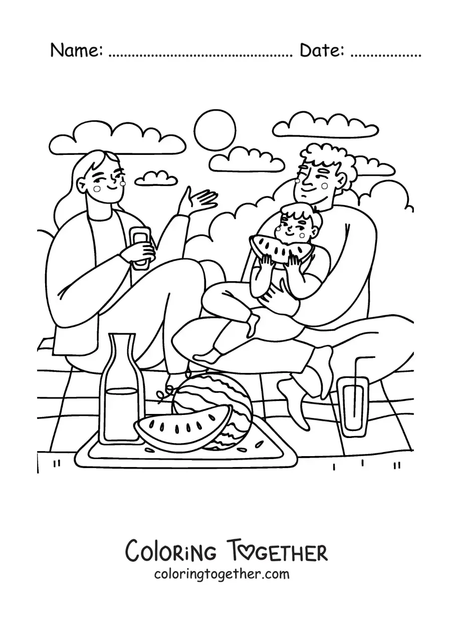 Coloring page of a family with a child having a picnic in the park