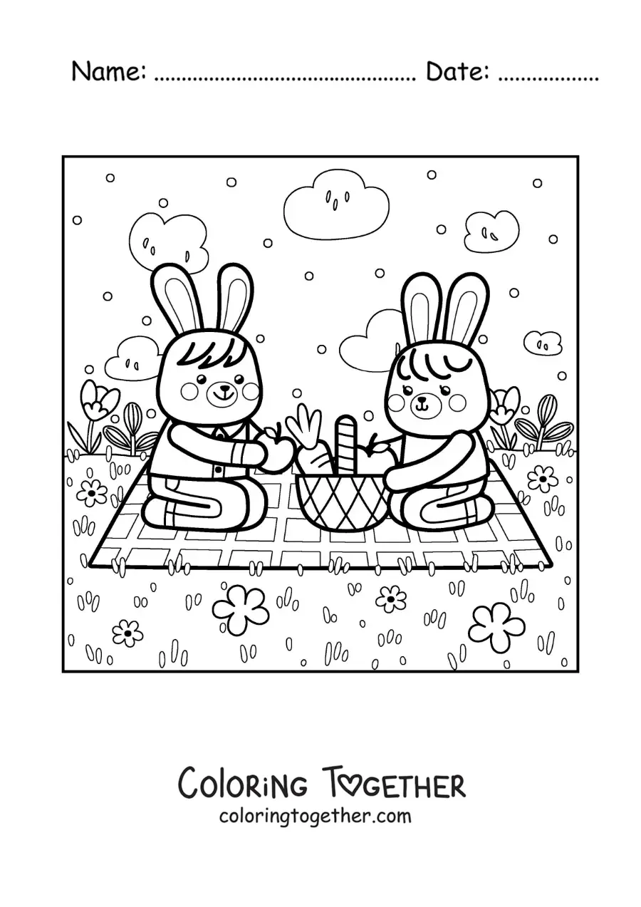 Coloring page of two kawaii cartoon rabbits at a picnic in the park