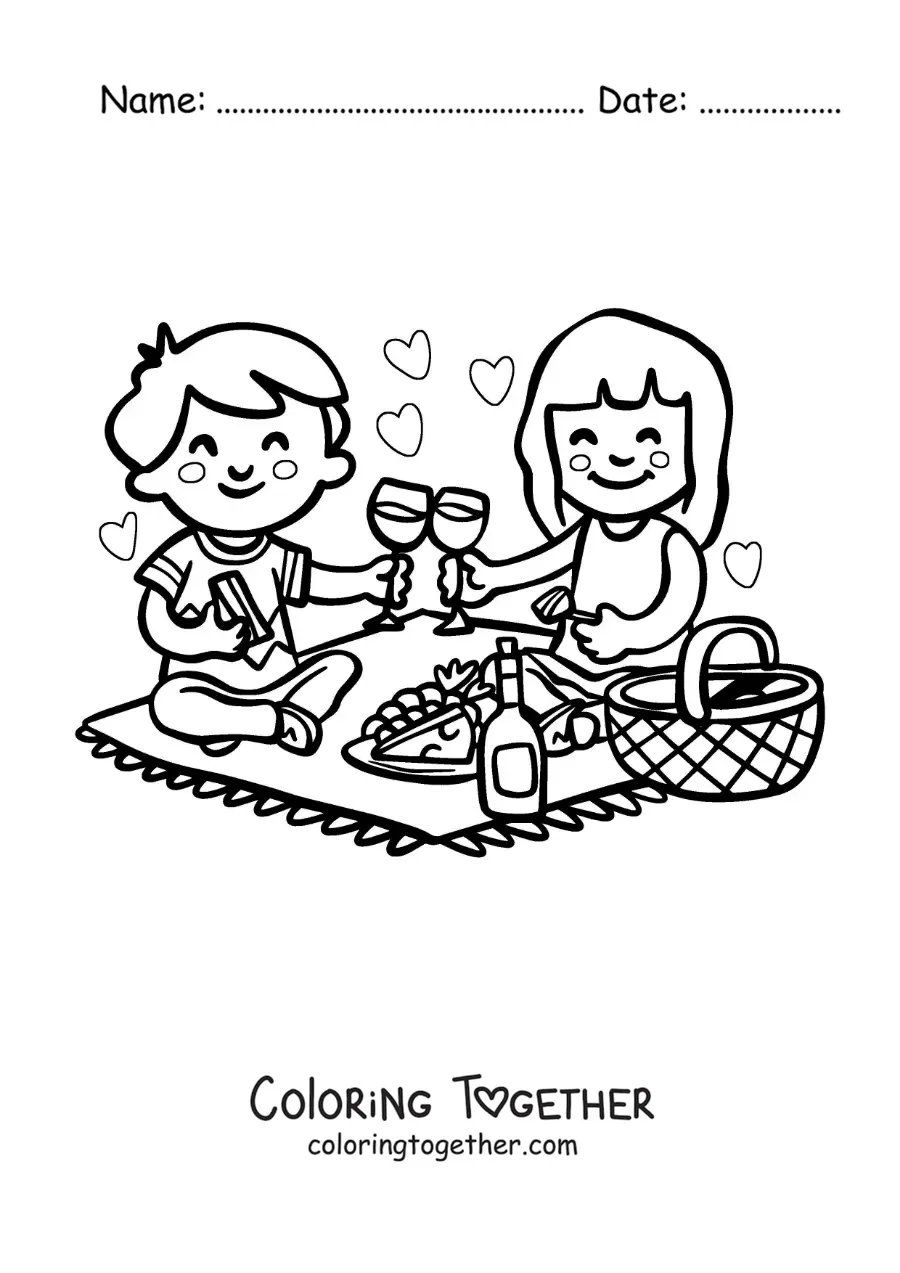Coloring page of two kawaii cartoon sweethearts at a picnic