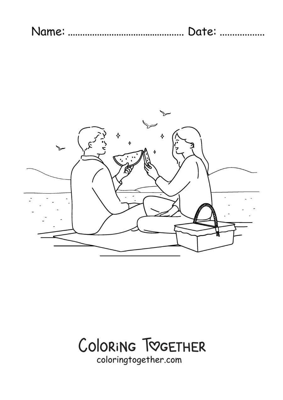 Coloring page of a couple eating watermelon at a picnic