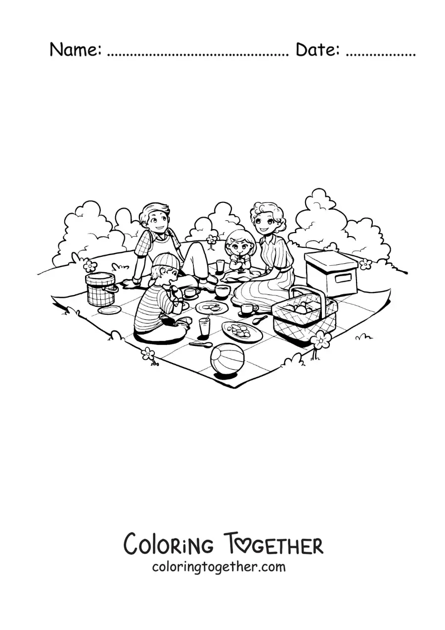 Coloring page of a family with children eating at a picnic in the park