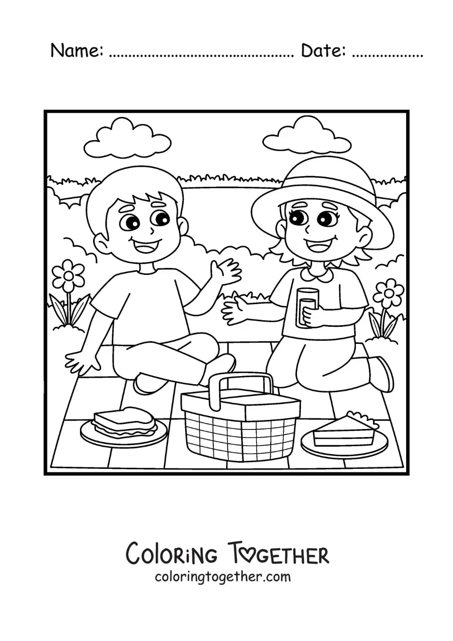 Coloring page of two children at a picnic in the park