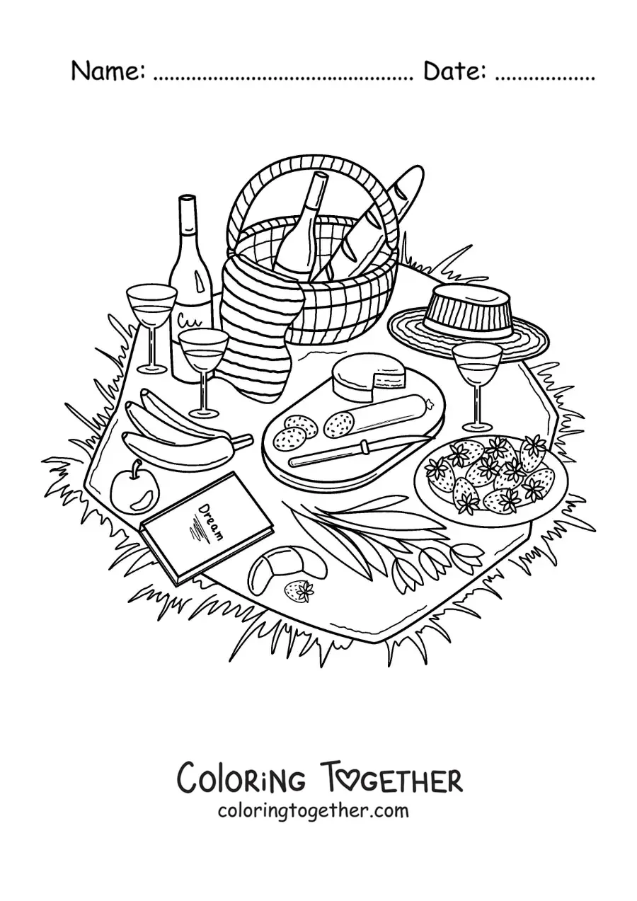 Coloring page of a picnic blanket with bread, cheese, fruits and other foods
