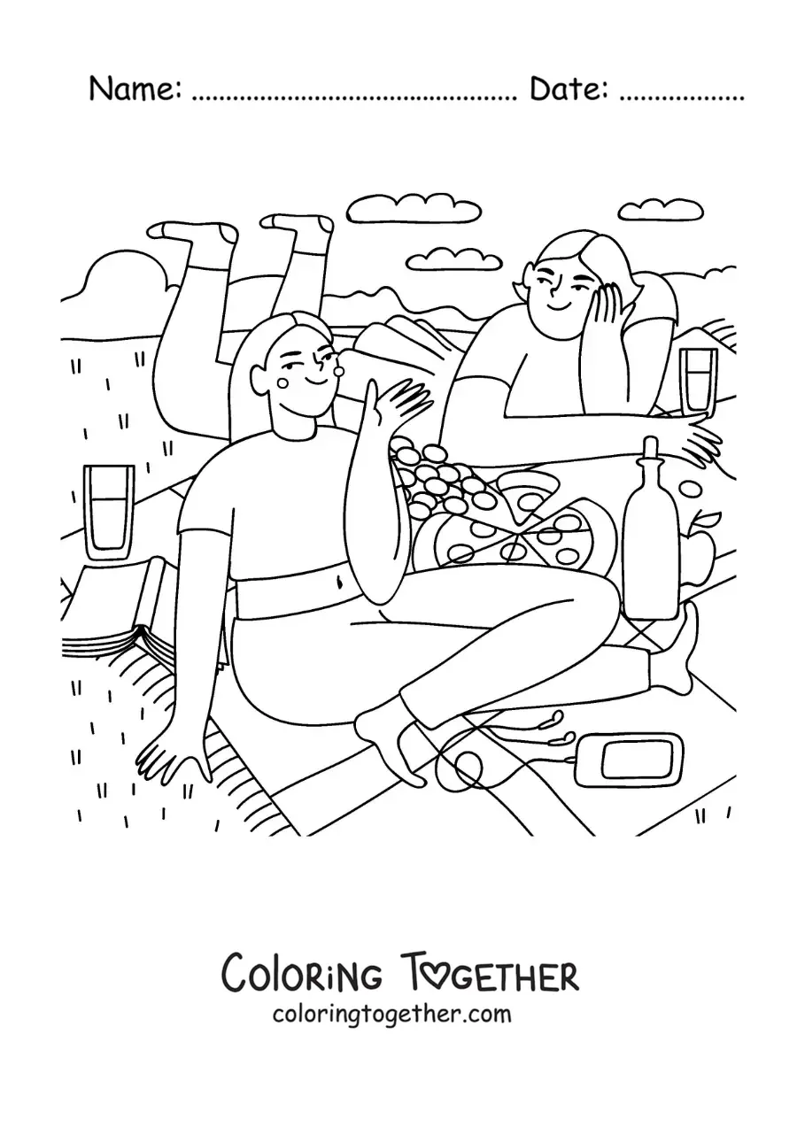 Coloring page of two friends eating pizza at a picnic