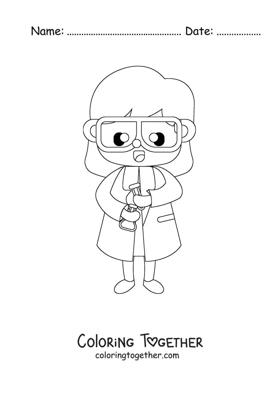 Coloring page of a kawaii woman scientist holding a test tube