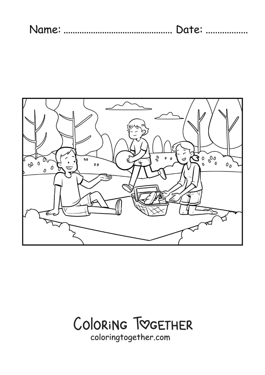Coloring page of a girl and her parents at a picnic in the park