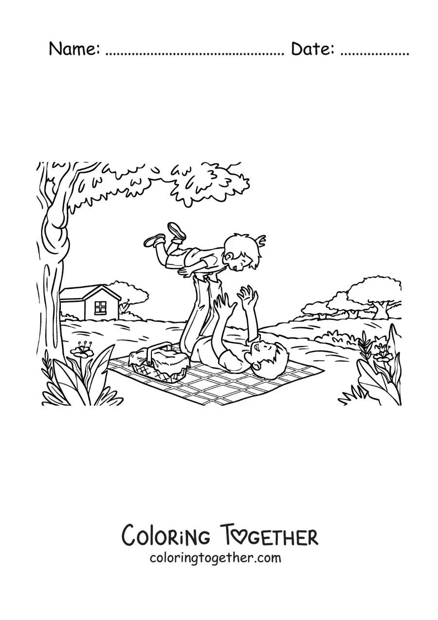 Coloring page of a father lifting his son at a picnic in nature