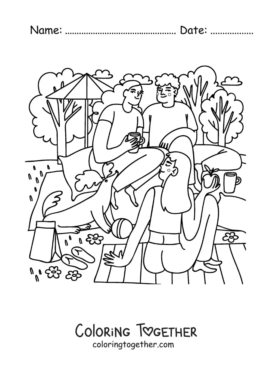Coloring page of a group of teenage friends at a picnic in the park