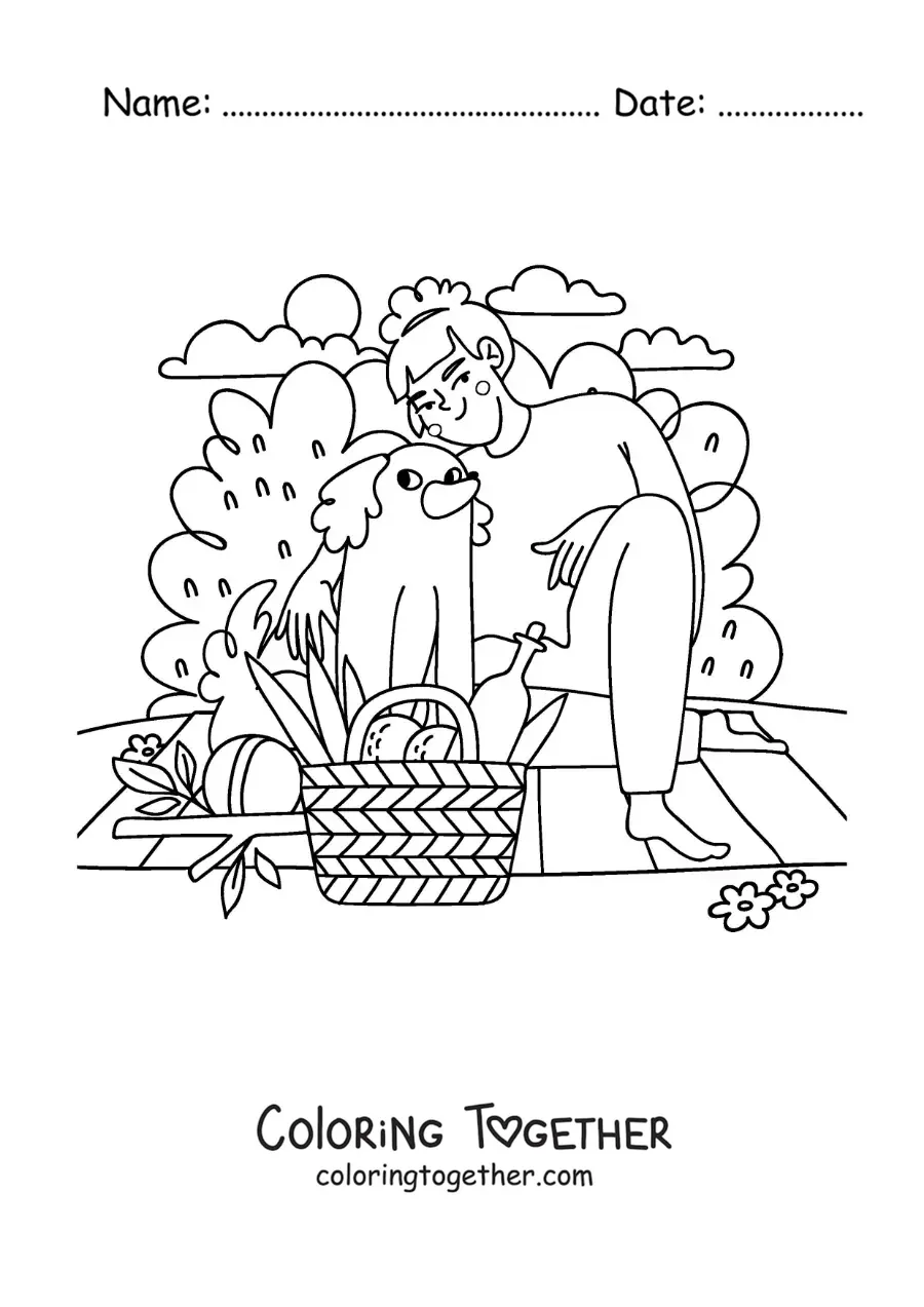 Coloring page of a girl with her dog at a picnic in the park