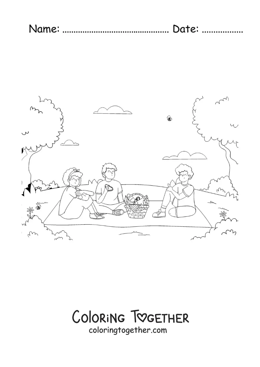 Coloring page of three friends at a picnic in the park