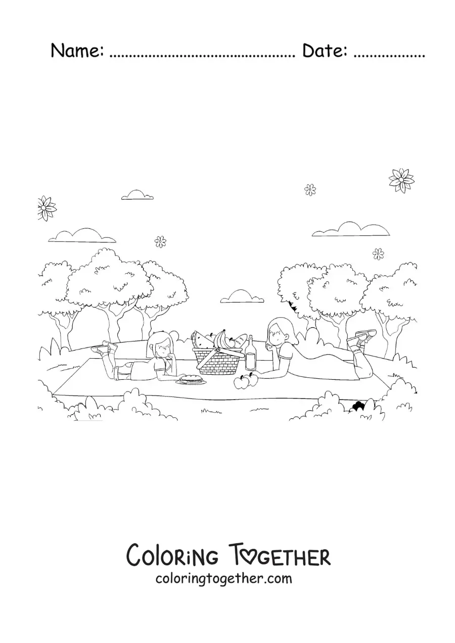 Coloring page of a mother and her daughter lying down at a picnic in the park