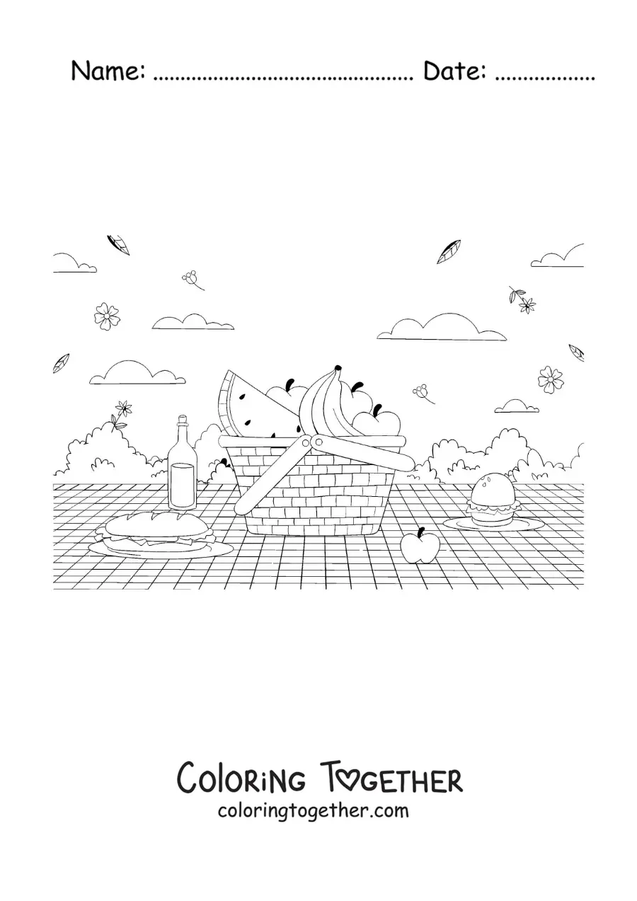 Coloring page of a basket of food on a picnic blanket