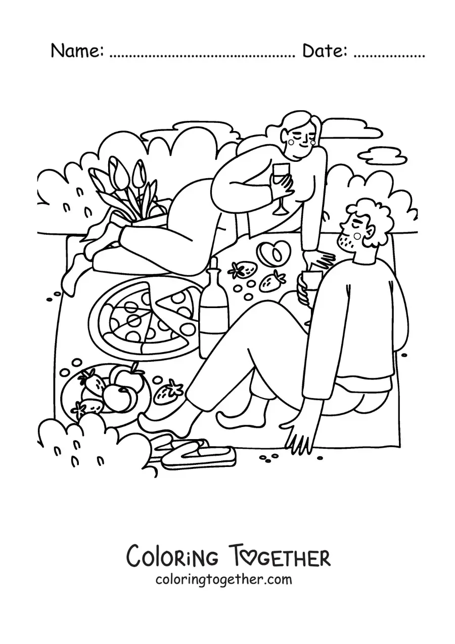 Coloring page of a couple at a picnic eating pizza
