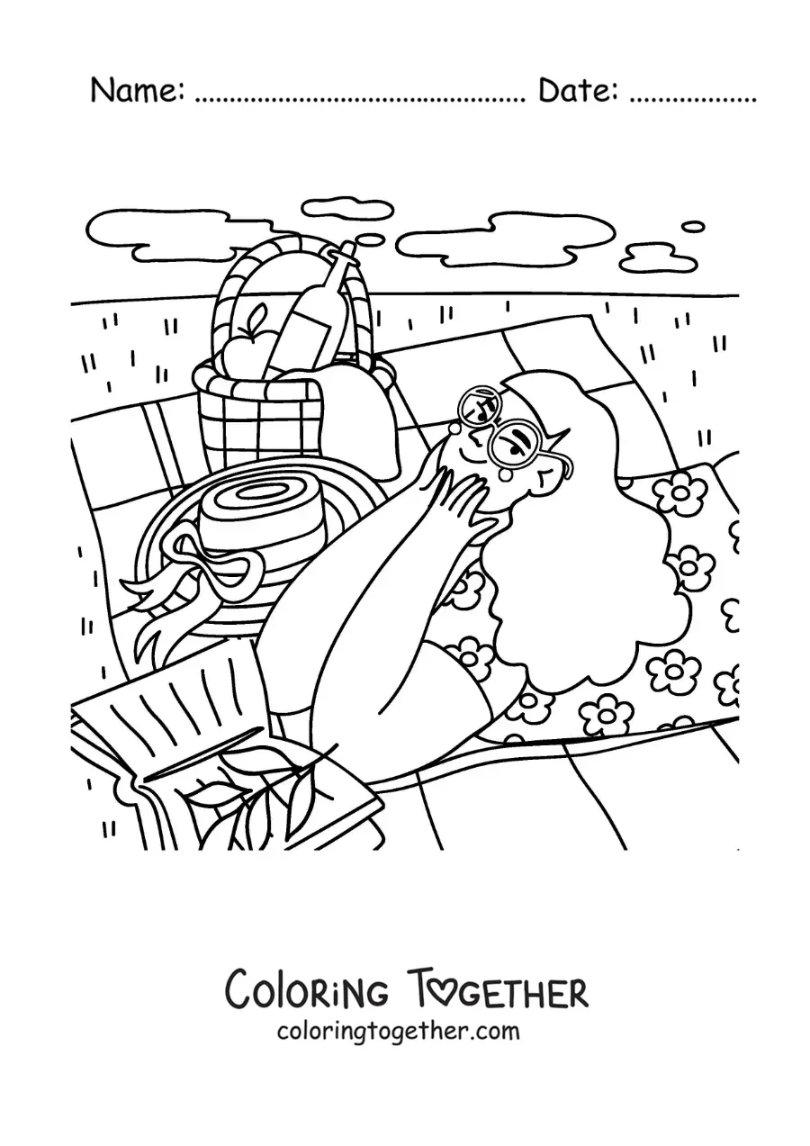 Coloring page of a girl reading at a picnic