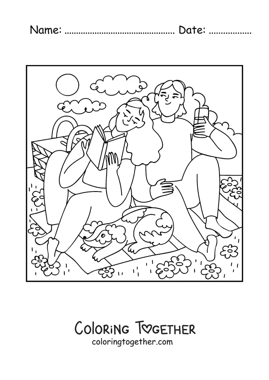 Coloring page of a couple reading at a picnic with their dog