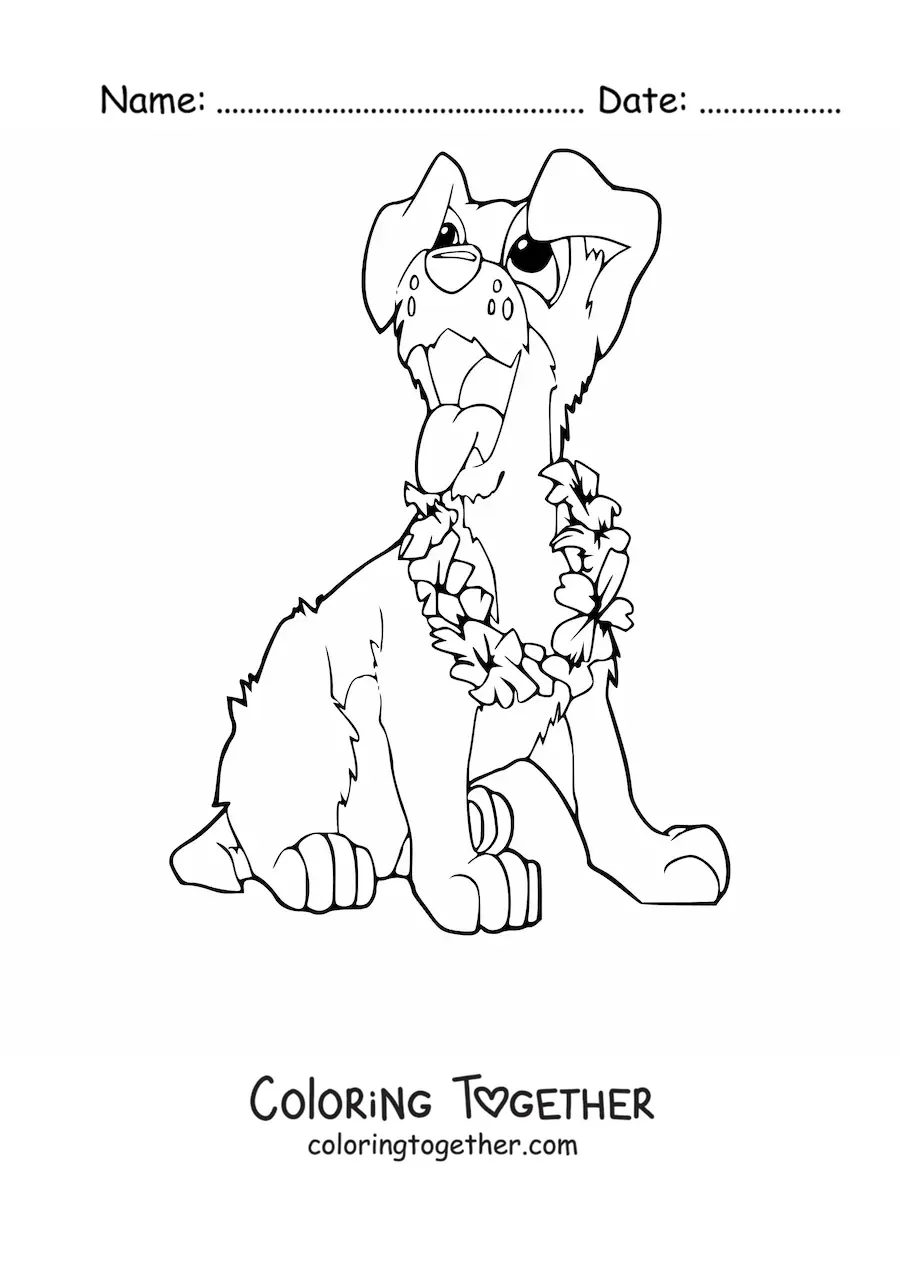 Coloring page of a cartoon dog sitting and wearing a flower collar