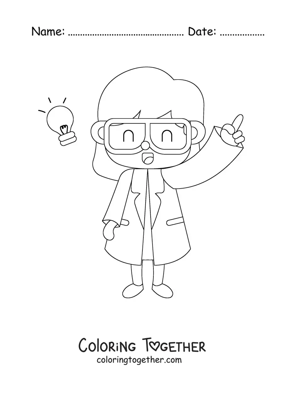 Coloring page of a kawaii woman scientist in a lab coat