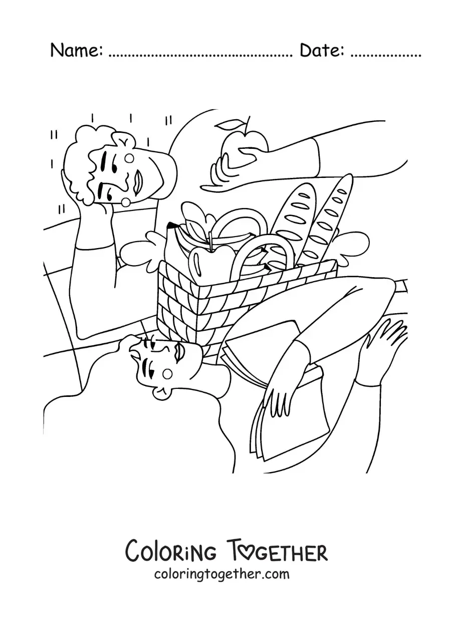 Coloring page of a couple of sweethearts at a picnic reading and eating