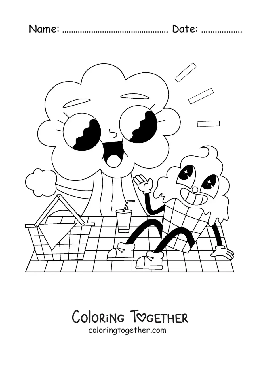 Coloring page of a cartoon of an ice cream at a picnic in the park